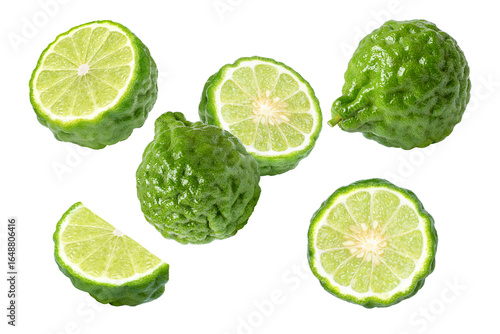 Fotografie set of bergamot lime fruit and slices isolated on white