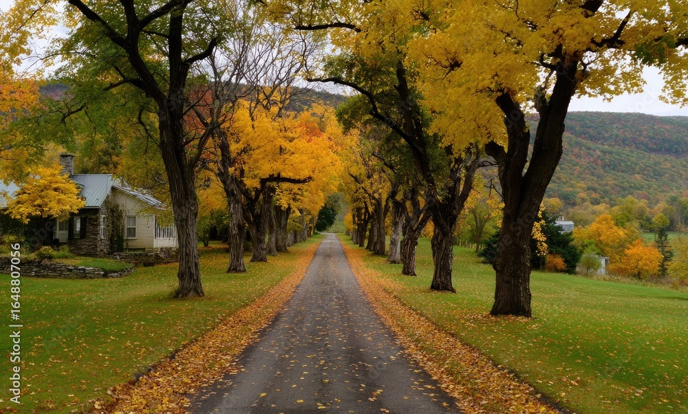 Naklejka premium Autumnal driveway lined with vibrant trees