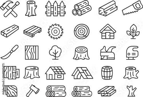 This clean vector woodworking and carpentry line icon set showcases tools, lumber, logs, saws, and timber for DIY construction.