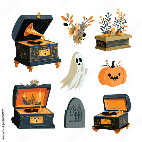 Halloween Haunted Music Box isolated in White background, silhouette Set, Halloween theme, Vector illustration