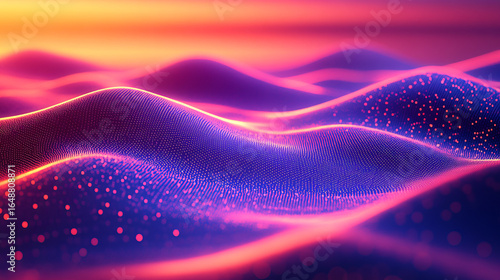 Abstract digital landscape with vibrant, swirling colors and glowing particles.  A mesmerizing visual representation of data waves or energy