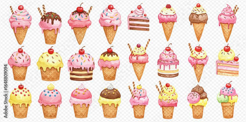 A delightful collection of watercolor ice cream cones and cakes, showcasing various flavors and toppings.