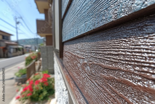 Exterior siding, horizontal planks, light blue and brown