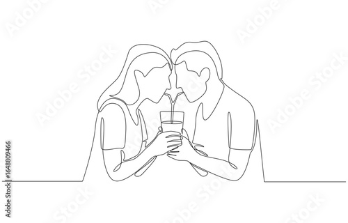 Continuous one line drawing of couple sharing same drink, symbolizing trust, affection, and shared moments in a relationship, single line art