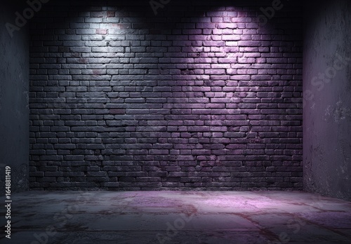Dark room with brick wall, lit by purple spotlights