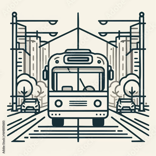 Public transport bus illustration on city street with trees and buildings in a minimalistic design