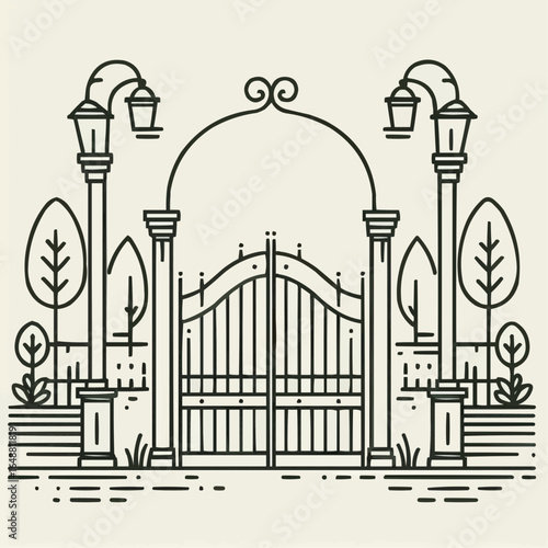 Elegant gate illustration with street lamps and surrounding trees in a minimalistic design