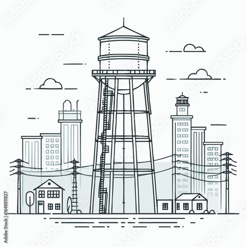 Water tower illustration with surrounding buildings and power lines in a minimalistic style

