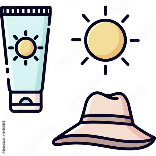 Sun protection essentials icon set with sunscreen lotion, sun hat, and shining sun. Vector illustration for summer safety and skincare concepts.