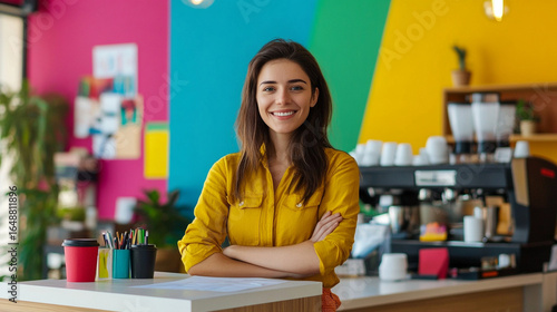 Receptionist in bright creative agency lobby, colorful background, sign-in register and coffee cups on desk
