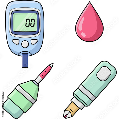 Medical Supplies Icons Blood Glucose Meter, Blood Drop, Lancet, and Test Strip