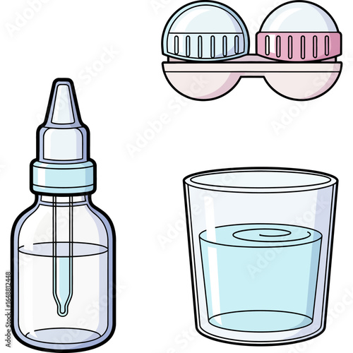 Eye care essentials Contact lens solution, case, and cleaning cup illustration