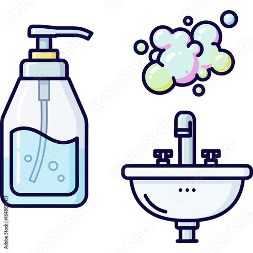 Handwashing Routine Soap Dispenser, Sink, and Bubbles Illustration for Hygiene and Cleanliness