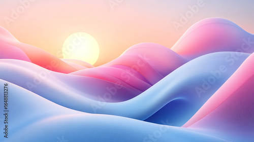 Abstract landscape of flowing, pastel hills under a vibrant sunrise