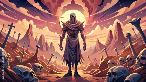 Ezekiel stands in a valley filled with dry bones, watching as they miraculously come together, covered in flesh beneath a glowing sky, the atmosphere infused with divine awe.