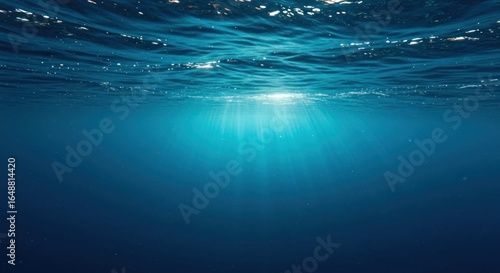 Underwater view shows light rays penetrating the water surface creating a bright glow.