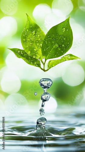 Fresh leaves sprout from water droplets