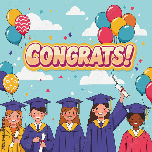A vibrant illustration of graduating students celebrating their achievement, with balloons and confetti, set against a bright blue sky, congratulating their success.