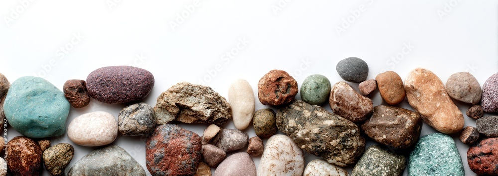Obraz premium Assorted colorful pebbles arranged in a border against a white background