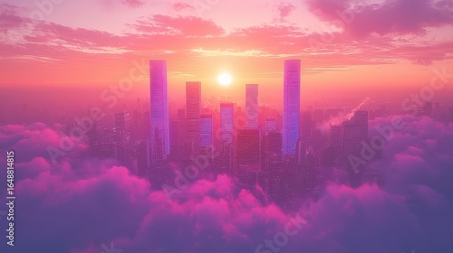 A futuristic city, bathed in the ethereal glow of vibrant blue and purple neon lights, its towering structures piercing the misty, metallic backdrop of a dystopian future, a testament to humanity's 