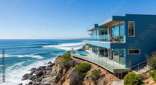 Wallpaper Mural Modern Luxury Waterfront Mansion with Infinity Pool Overlooking Sunset Cityscape. Torontodigital.ca