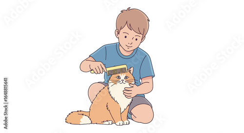 Young boy gently brushing his fluffy ginger cat with a grooming comb. Illustration showing pet care, responsibility, and the loving bond between a child and his animal friend.