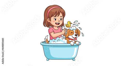 A joyful illustration of a little girl happily giving her adorable puppy a thorough and bubbly bath in a cozy bathtub, emphasizing pet care and hygiene.