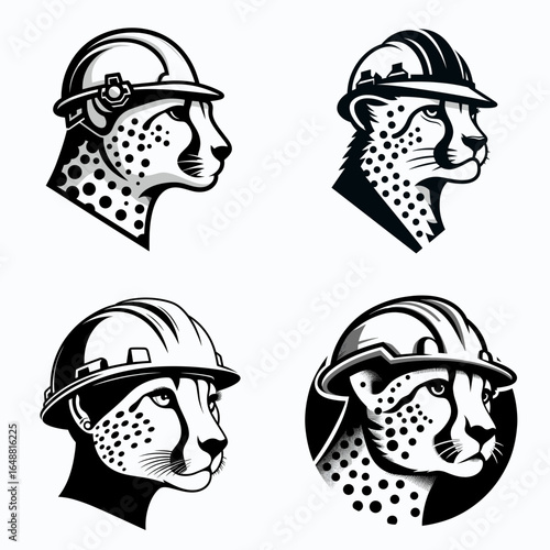 Cheetah head with engineer helmet. Construction Site Civil Engineering Safety Surveying Clipart Line Art Vector Illustration. Feline visage constructor hardhat animal wearing industry.