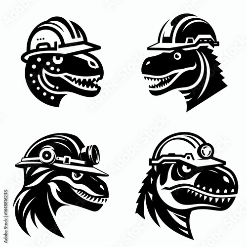 Dinosaur head with engineer helmet. Construction Site Civil Engineering Safety Surveying Clipart Line Art Vector Illustration. Dino cranium wearing constructor hardhat a prehistoric reptile.