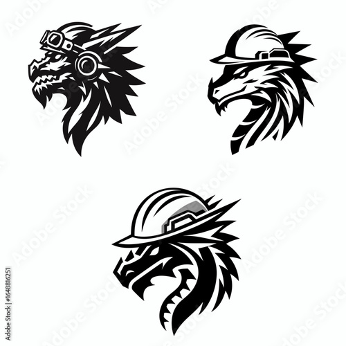 Dragon head with engineer helmet. Construction Site Civil Engineering Safety Surveying Clipart Line Art Vector Illustration. Mythical reptile visage mechanic hardhat job concept theme.