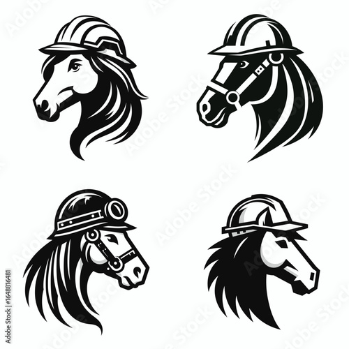 Horse head with engineer helmet. Construction Site Civil Engineering Safety Surveying Clipart Line Art Vector Illustration. Equine cranium hardhat builder headgear mechanical project.