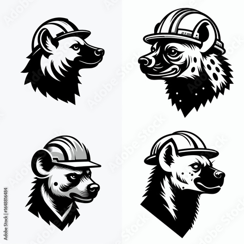 Hyena head with engineer helmet. Construction Site Civil Engineering Safety Surveying Clipart Line Art Vector Illustration. Laughing canine visage sporting hard hat a job concept.