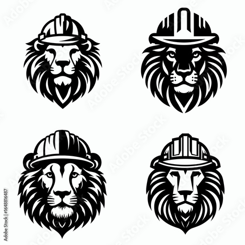 Lion head with engineer helmet. Construction Site Civil Engineering Safety Surveying Clipart Line Art Vector Illustration. Feline visage in hardhat job protection for chief.