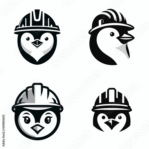Penguin head with engineer helmet. Construction Site Civil Engineering Safety Surveying Clipart Line Art Vector Illustration. Avian cranium constructor hardhat industrial occupation gear.