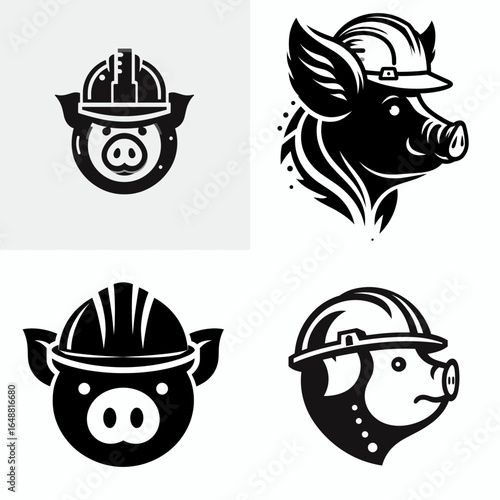 Pig head with engineer helmet. Construction Site Civil Engineering Safety Surveying Clipart Line Art Vector Illustration. Swine cranium wearing builder headgear profession animal.