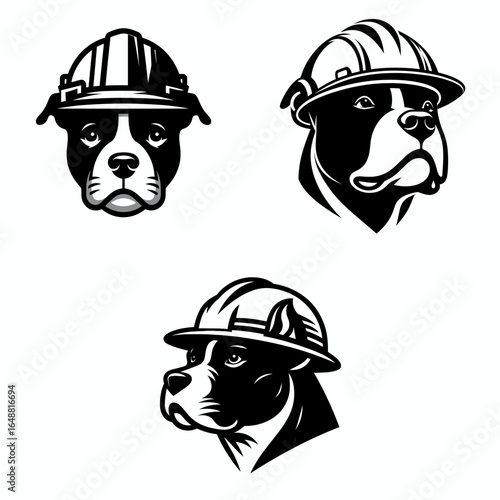Pittbulls Dog head with engineer helmet. Construction Site Civil Engineering Safety Surveying Clipart Line Art Vector Illustration. Canine visage hard hat mechanical trade headgear animal.