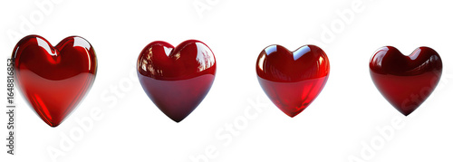 A collection of shiny red heart-shaped 3D images isolated on a transparent background. PNG