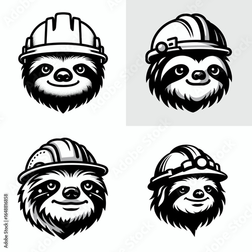 Sloth head with engineer helmet. Construction Site Civil Engineering Safety Surveying Clipart Line Art Vector Illustration. Slow mammal cranium wearing headgear a building trade icon.