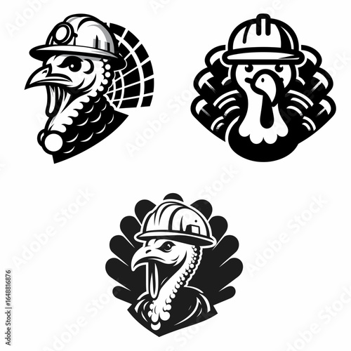 Turkey head with engineer helmet. Construction Site Civil Engineering Safety Surveying Clipart Line Art Vector Illustration. Fowl portrait wearing builder protection occupation job concept.