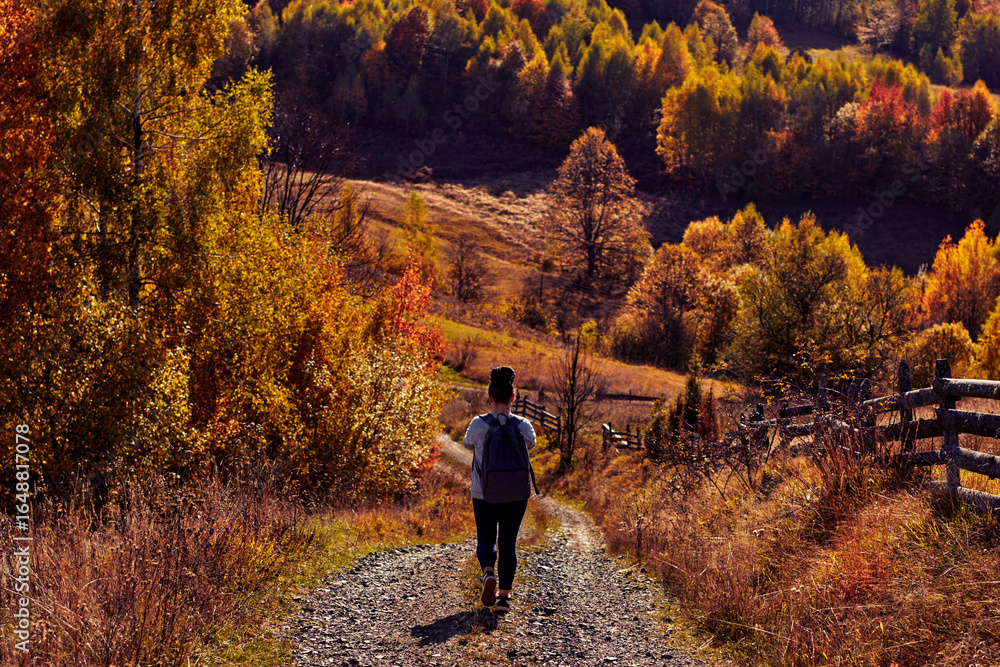 Obraz premium Woman hiking on a countryside dirt road in autumn season.