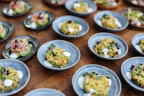 Gourmet Appetizers Served in Small Ceramic Bowls