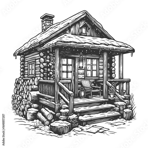 rustic log cabin with a front porch, hanging lanterns, and neatly stacked firewood sketch engraving generative ai vector illustration. Scratch board imitation. Black and white image.