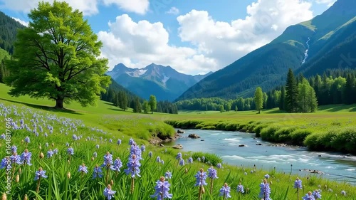 Peaceful Mountain River Valley 4K Stock Video with Wildflowers.