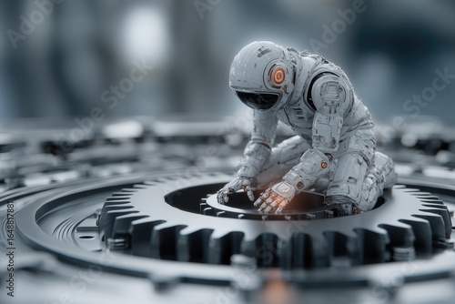 Futuristic robot astronaut repairs a giant gear