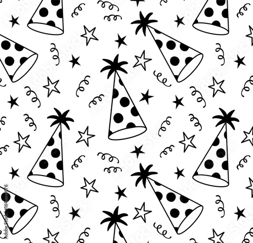 Seamless party hat stars and streamers pattern vector illustration
Описание: Seamless pattern with party hats, stars and streamers in hand drawn outline style, black and white vector design, perfect f