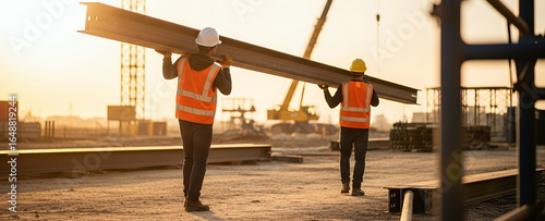 Two construction workers in safety vests and helmets carry a long steel beam across a busy construction site, moving it carefully between scaffolding and building structures.