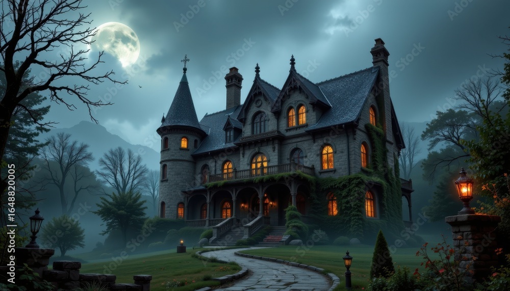 gothic halloween mansion with steep roofs towering spires cracked walls broken windows twisted chimneys overgrown ivy fog curling across shadowed stone pathways and dim candlelight gothic halloween mansion with steep roofs towering spires cracked walls broken windows twisted chimneys overgrown ivy fog curling across shadowed stone pathways and dim candlelight