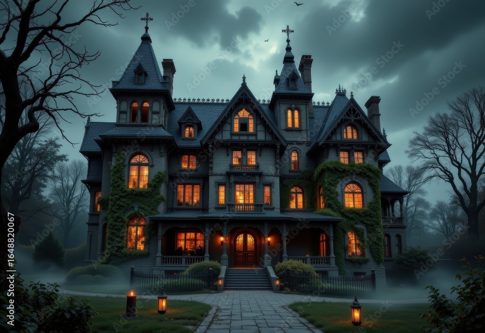 spooky halloween mansion with gothic towers steep roofs cracked walls broken windows twisted chimneys overgrown ivy fog drifting across shadowed stone pathways and eerie candlelight spooky halloween mansion with gothic towers steep roofs cracked walls broken windows twisted chimneys overgrown ivy fog drifting across shadowed stone pathways and eerie candlelight