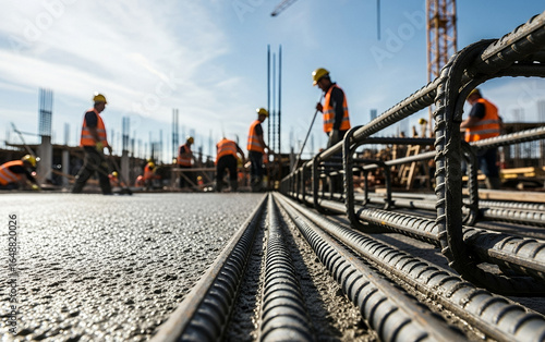 Construction workers standing and working on a newly poured concrete slab, surrounded by exposed steel rebar and towering cranes in the background under clear daylight.