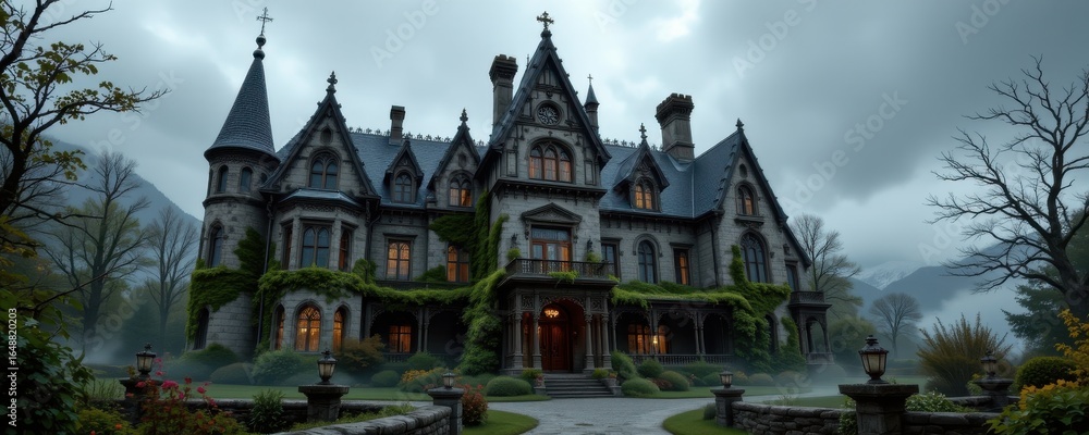 Obraz premium gothic halloween mansion with towering pointed towers steep roofs cracked walls broken windows twisted chimneys overgrown ivy fog curling across shadowed stone courtyards and gardens